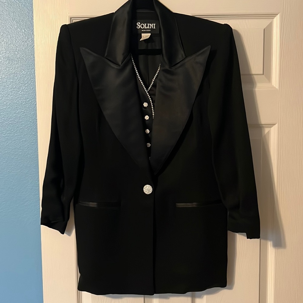 Solini NY Black Tuxedo Style Rhinestone Button Jacket & Matching Lined Skirt